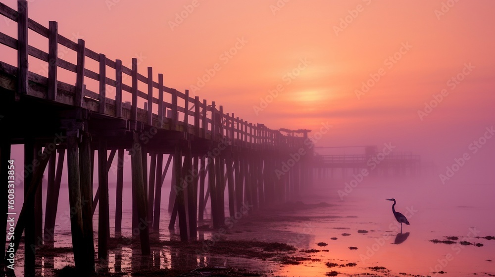 Fototapeta premium Blue Heron on Foggy Shore at Sunset with Old Pier Silhouette
