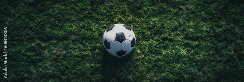 soccer background of top fo view classic soccer ball on a green grass, isolated football equipment, panoramic sport banner, AI © kiddsgn
