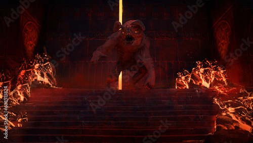Εκτύπωση καμβά Digital 3d Illustration of a giant demon creature guarding a massive gate in a f