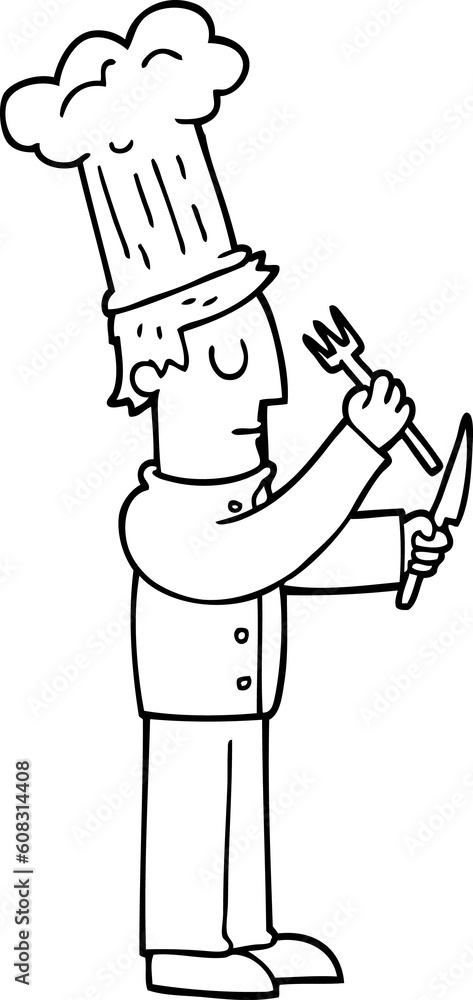 line drawing cartoon chef with knife and fork line drawing cartoon chef with knife and fork