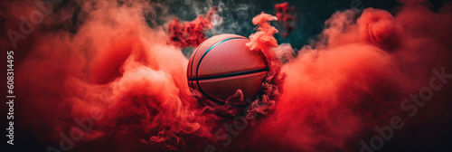 A basketball surrounded by red smoke on a black background, original and creative shot, AI © kiddsgn
