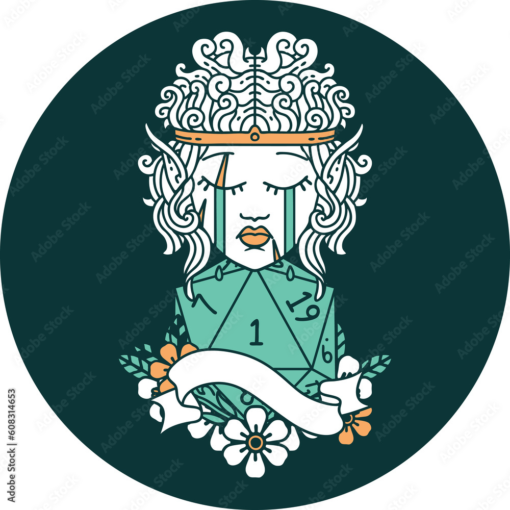 icon of sad elf barbarian character face with natural one D20 roll icon of sad elf barbarian character face with natural one D20 roll