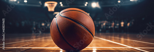 basketball sitting on top of a basketball court, panorama of ball in the stadium, sport banner, AI photo