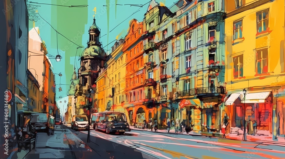 A sun-drenched city, vibrant and full of life, its streets adorned with colorful facades and bright flowers, the sunlight casting playful shadows that dance across the architecture.