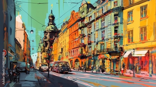 A sun-drenched city, vibrant and full of life, its streets adorned with colorful facades and bright flowers, the sunlight casting playful shadows that dance across the architecture.
