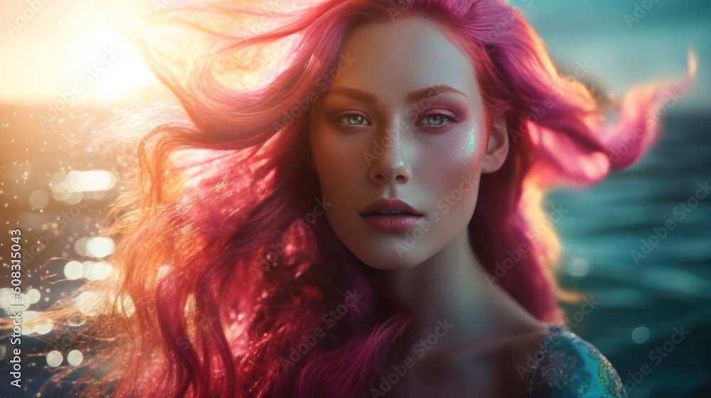 Beautiful mermaid with pink hair, lighten with golden sun, enjoying on surface of the ocean. Generative AI.