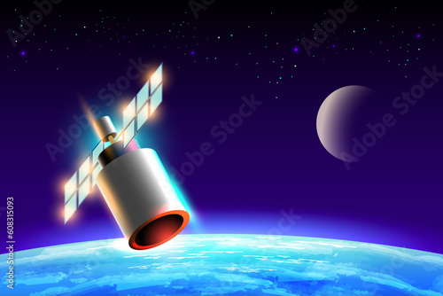Artificial satellites orbiting the planet Earth in outer space isolated on dark background. Cartoon style vector illustration.