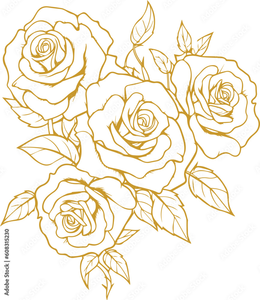 custom made wallpaper toronto digitalHand drawn roses. Sketch rose flowers with buds, leaves and stems . golden vintage etching vector botanical isolated on transparent. Illustration of rose petal, sketch botany floral plant, PNG and SVG