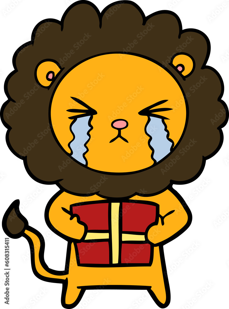 cartoon crying lion with gift cartoon crying lion with gift