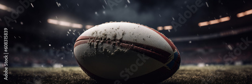 epic photography of rugby ball in the center of the stadium, cinematic light, AI