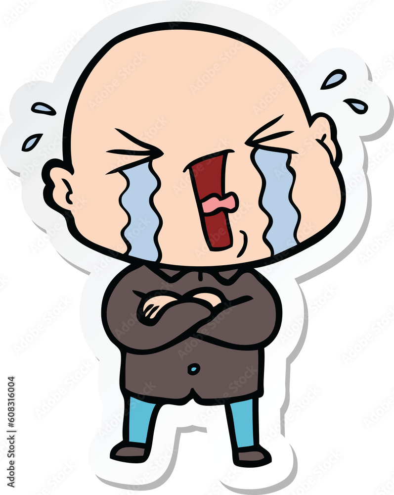 sticker of a cartoon crying bald man sticker of a cartoon crying bald man