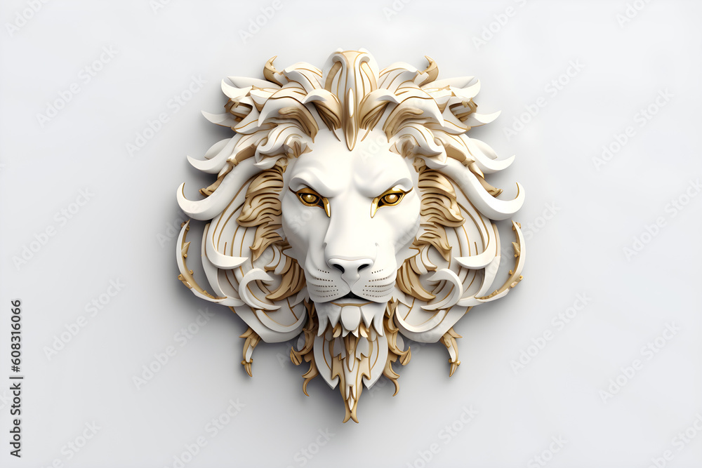 Golden Lion Head on White Background