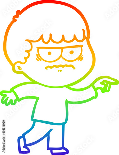 rainbow gradient line drawing of a cartoon annoyed man