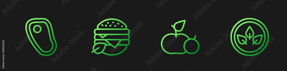 Set line Apple, Steak meat, Vegan food diet and . Gradient color icons. Vector Set line Apple, Steak meat, Vegan food diet and . Gradient color icons. Vector