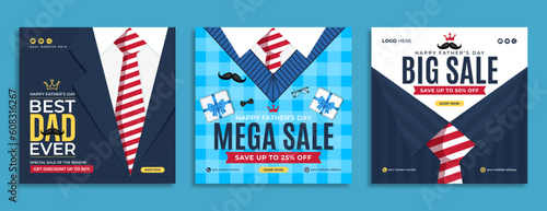 Fathers day sale promotion social media banner post template. Fathers day business marketing web banner with mustache, tie and 3d gift box. Fathers day celebration flyer or invitation poster cover.