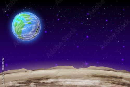 Fototapeta Naklejka Na Ścianę i Meble -  Planets in space with meteor satellites and asteroids in dark starry sky, earth,  galaxy, cosmos, universe, futuristic fantasy view background for computer game. cartoon vector illustration