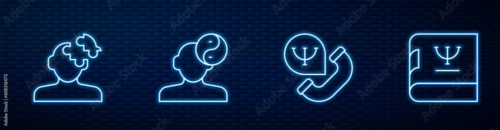 Set line Online psychological counseling, Solution problem psychology, Yin Yang symbol and Psychology book. Glowing neon icon on brick wall. Vector Set line Online psychological counseling, Solution problem psychology, Yin Yang symbol and Psychology book. Glowing neon icon on brick wall. Vector