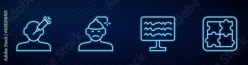 Set line Encephalogram, Addiction to the drug, Concussion, headache and Solution problem in psychology. Glowing neon icon on brick wall. Vector