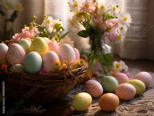 The joy and festive spirit of Easter celebrations with a delightful image showcasing colorful Easter eggs, blooming flowers, and playful decorations. Generated IA