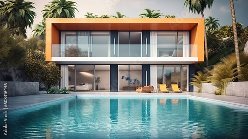 Modern villa with pool and garden. Generative Ai © hassanmim2021