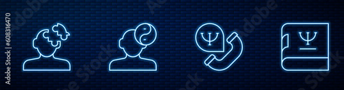 Set line Online psychological counseling, Solution problem psychology, Yin Yang symbol and Psychology book. Glowing neon icon on brick wall. Vector