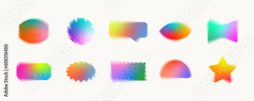 Blurry shapes set with y2k aura brutalism effect. Colorful contemporary decorative holographic gradient elements collection. Trendy distressed abstract banners vector templates bundle Isolated