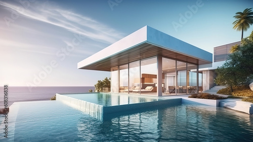 Luxury beach sea view pool villa 3d rendering. Generative Ai © hassanmim2021
