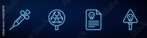 Set line Radiation warning document, Syringe, Biohazard symbol and Bones and skull. Glowing neon icon on brick wall. Vector