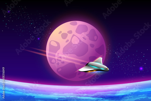 Spaceship flying above planet in space. Universe and galaxy exploration, future science concept with alien planet landscape and futuristic shuttle, vector cartoon illustration