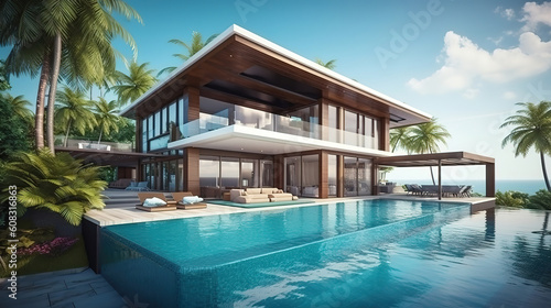 Luxury beach sea view pool villa 3d rendering. Generative Ai © hassanmim2021