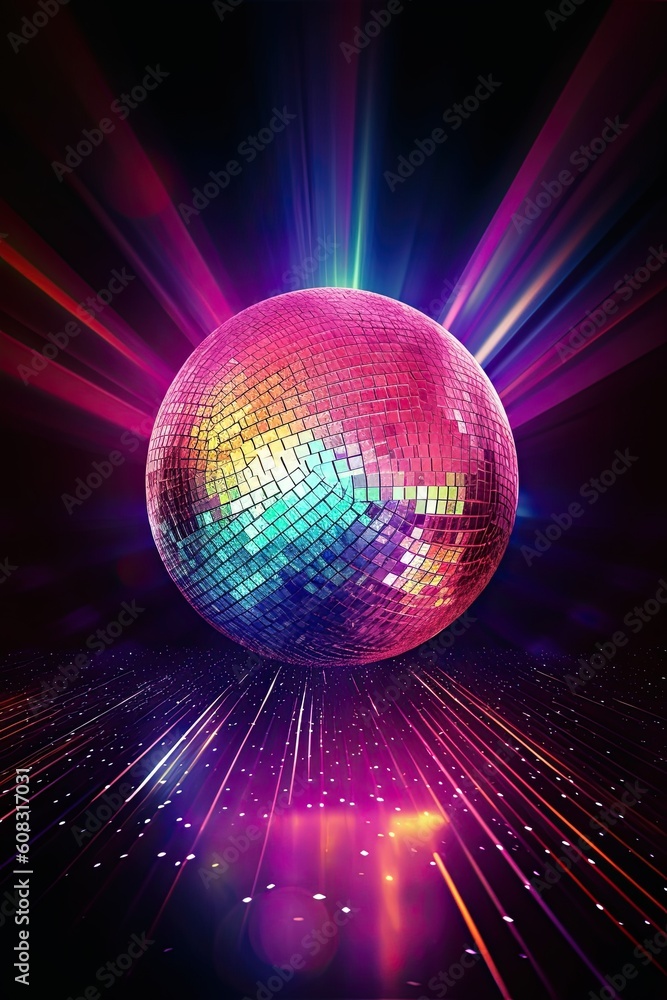 Obraz premium Vertical image of a stunning disco ball with fantastic colorful lights and a vibrant background of colors. Generative AI