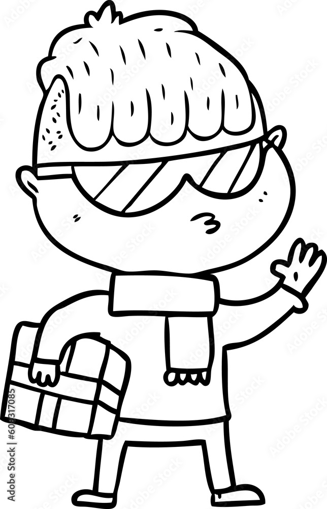 cartoon boy wearing sunglasses carrying xmas gift