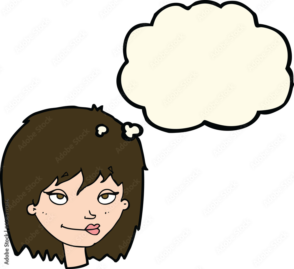 cartoon smiling woman with thought bubble