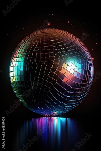 Vertical image of a stunning disco ball with fantastic colorful lights and a vibrant background of colors. Generative AI