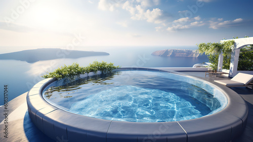 Luxury swimming pool in santorini. 3d rendering, bright color. Generative Ai © hassanmim2021