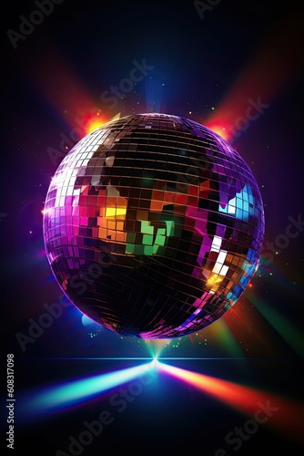 Vertical image of a stunning disco ball with fantastic colorful lights and a vibrant background of colors. Generative AI