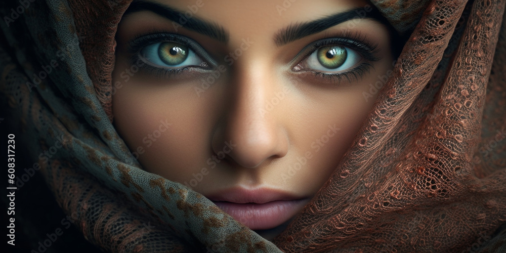 Schönes Gesicht einer Frau im Arabischen Stil mit einem Schleier umhüllt Nahaufnahme, ai generativ Schönes Gesicht einer Frau im Arabischen Stil mit einem Schleier umhüllt Nahaufnahme, ai generativ