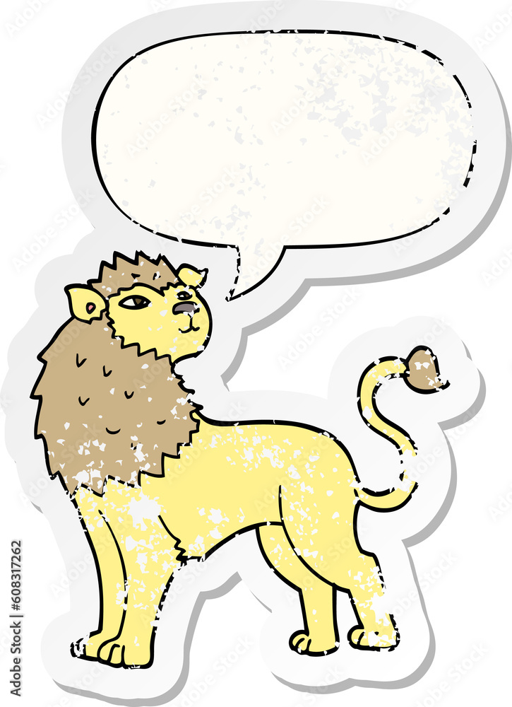 cartoon lion with speech bubble distressed distressed old sticker cartoon lion with speech bubble distressed distressed old sticker