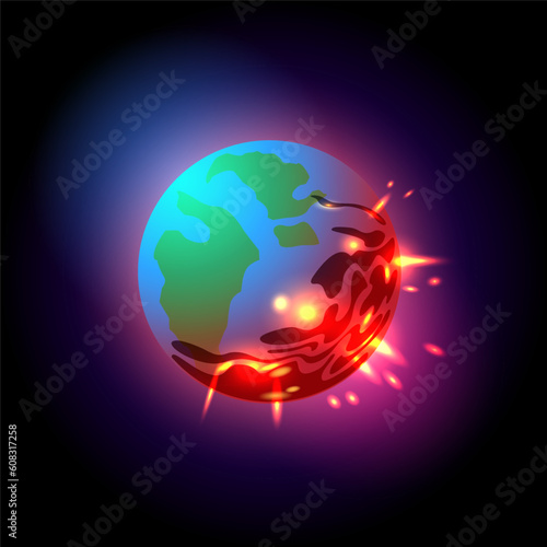 Comet exploding earth on dark starry sky background. Cartoon vector illustration