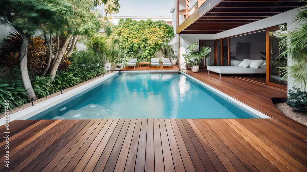 Swimming pool and decking in garden of luxury home, bright color. Generative Ai