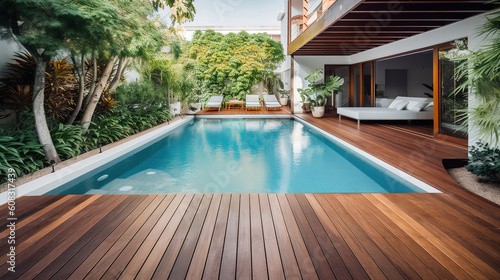 Swimming pool and decking in garden of luxury home, bright color. Generative Ai