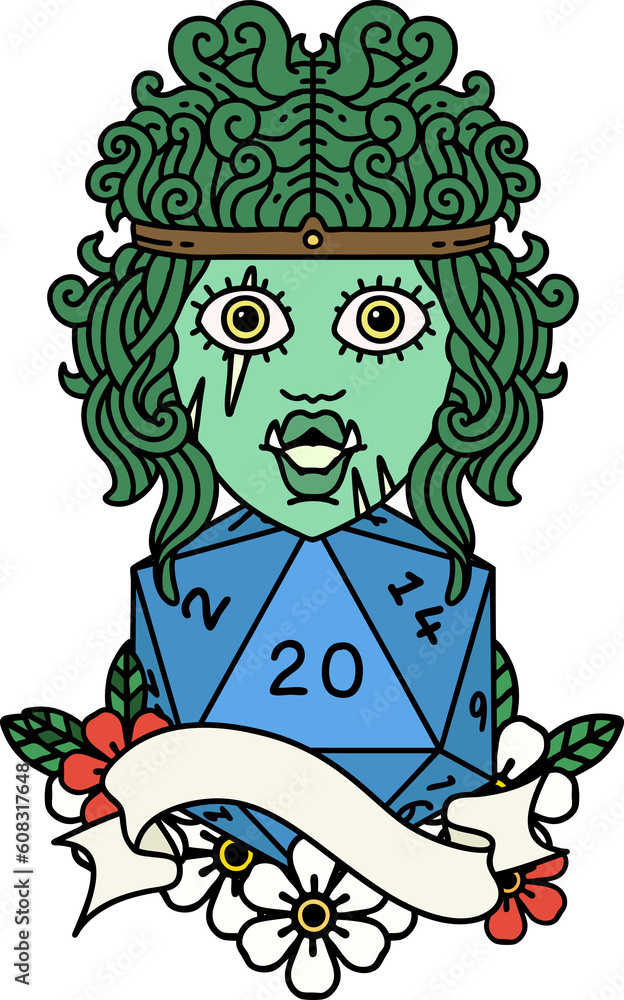 Retro Tattoo Style half orc barbarian character with natural twenty dice roll Retro Tattoo Style half orc barbarian character with natural twenty dice roll