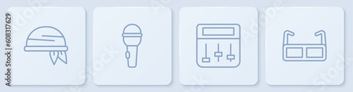 Set line Bandana, Drum machine music, Microphone and Glasses. White square button. Vector