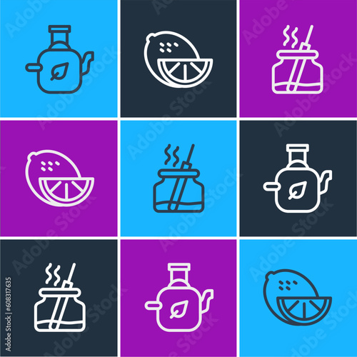 Set line Teapot with leaf, Aroma diffuser and Lemon icon. Vector