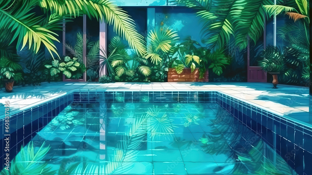 Tropical swimming pool, bright color. Generative Ai