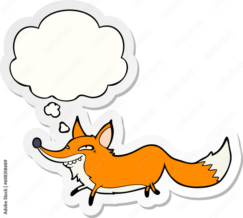 cartoon sly fox with thought bubble as a printed sticker cartoon sly fox with thought bubble as a printed sticker