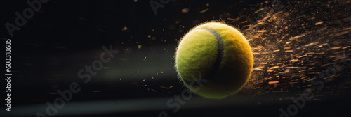 tennis ball in mid-air during a game, speed effect, isolated on black background, AI © kiddsgn
