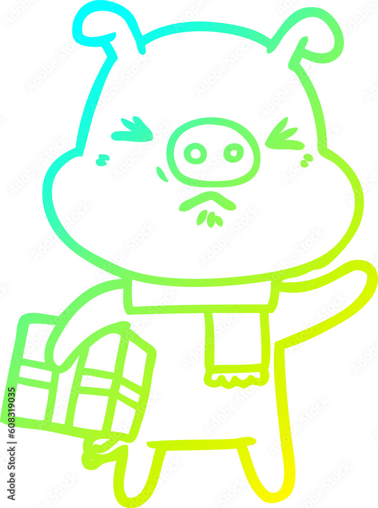 cold gradient line drawing of a cartoon angry pig with christmas present cold gradient line drawing of a cartoon angry pig with christmas present