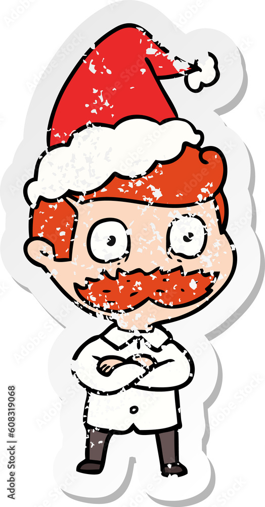hand drawn distressed sticker cartoon of a man with mustache shocked wearing santa hat hand drawn distressed sticker cartoon of a man with mustache shocked wearing santa hat