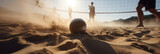 Wallpaper of people enjoying a game of beach volleyball in the sand, sunny day in summer, lens flare, perfect banner representing fun and sport on the beach, AI